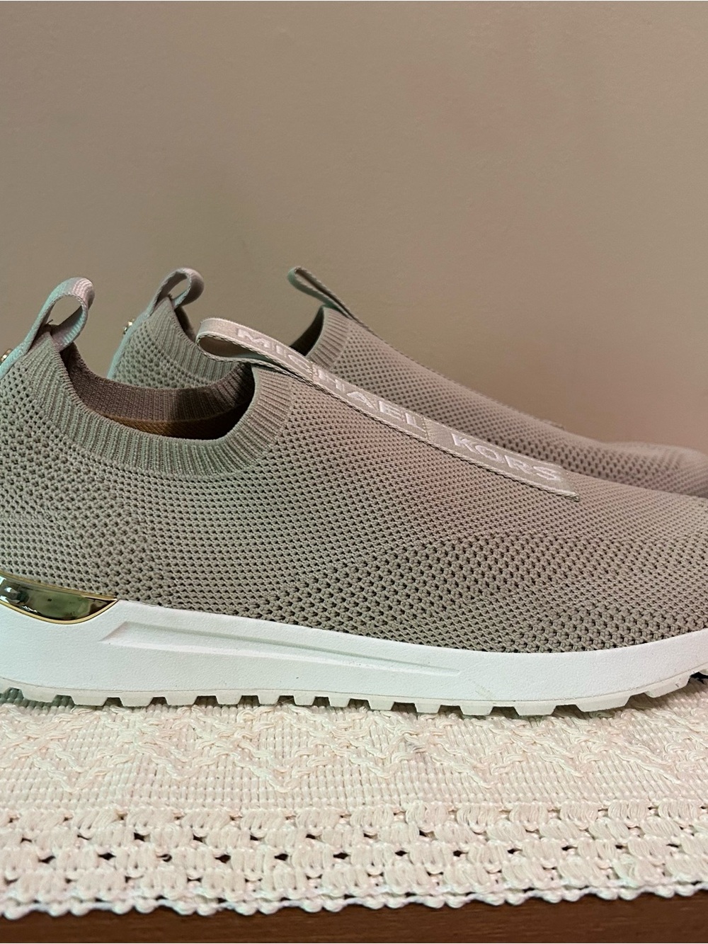 Michael Kors Men’s Slip-On Knit Loafers in Taupe and White with Metallic Accent